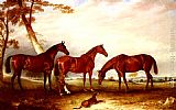 John Ferneley Snr Famous Paintings - Marvel, KingFisher And The Lad, Three Hunters Belonging To William Angerstein, In A Field With His Dog Spring